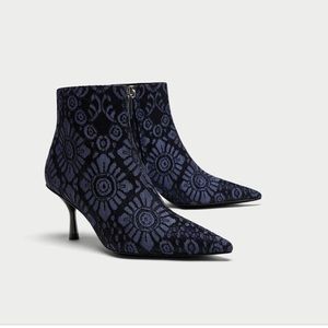 Zara Black Blue Jacquard Fabric Ankle Boots